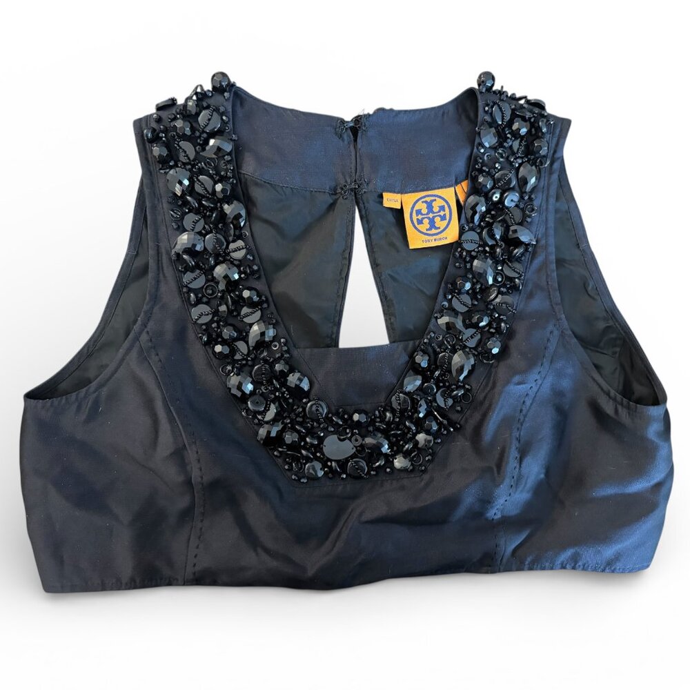 Tory Burch Embellished Silk Top Black Beaded Crop Bodice - Sz 6 NWOT MSRP $495